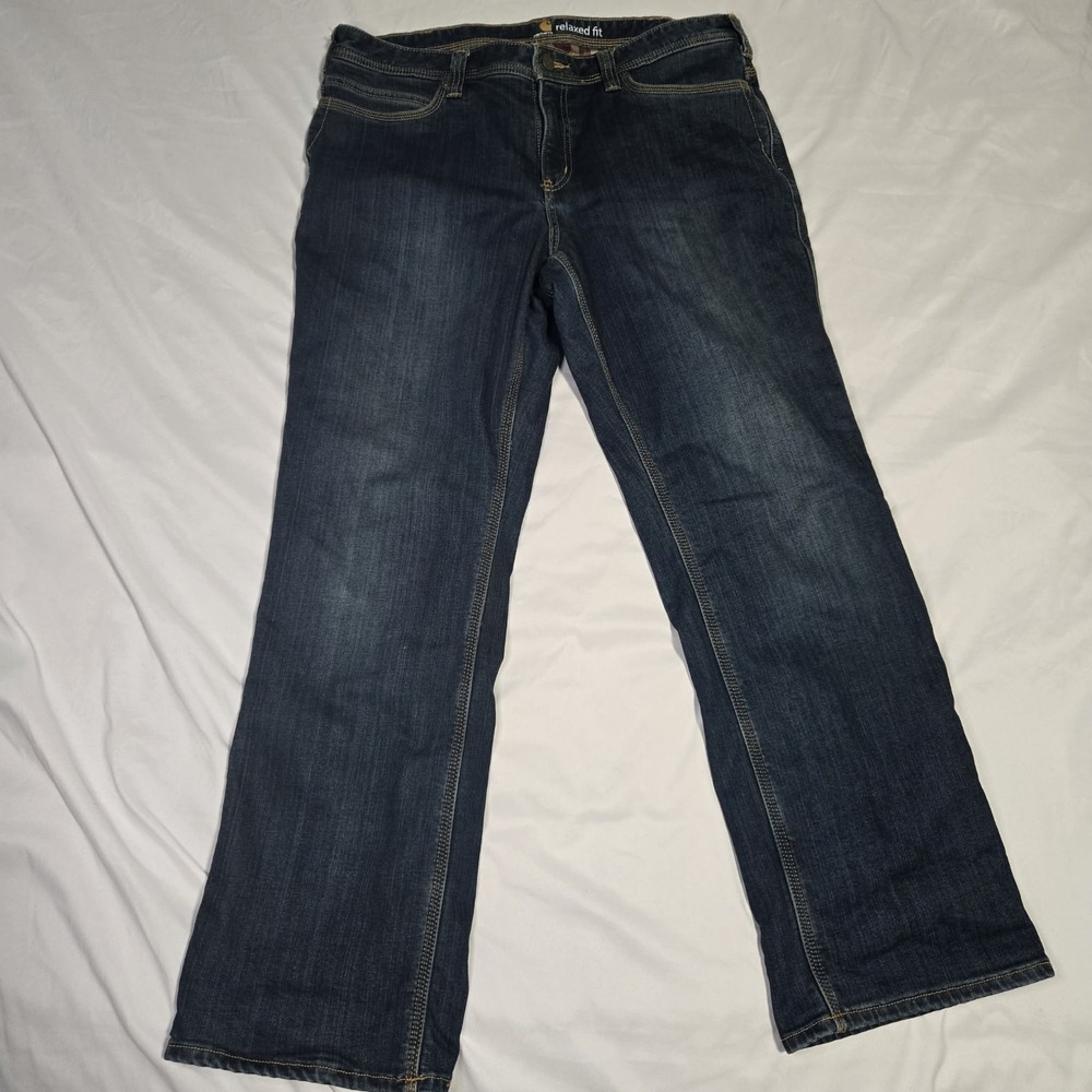 Carhartt Relaxed Flannel Lined Straight Blue Denim Jeans Womens 14 Short 100648